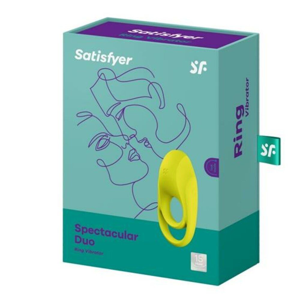 Verpackung mit Ringvibrator-Abbildung. Aufschrift 'Satisfyer Spectacular Duo Ring Vibrator'. Türkis-lila Farbschema.