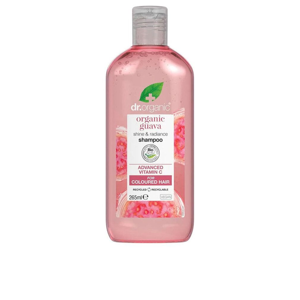 Rosa Shampoo-Flasche mit transparentem Deckel. Aufschrift: Dr. Organic, Guava, für coloriertes Haar. 265ml.