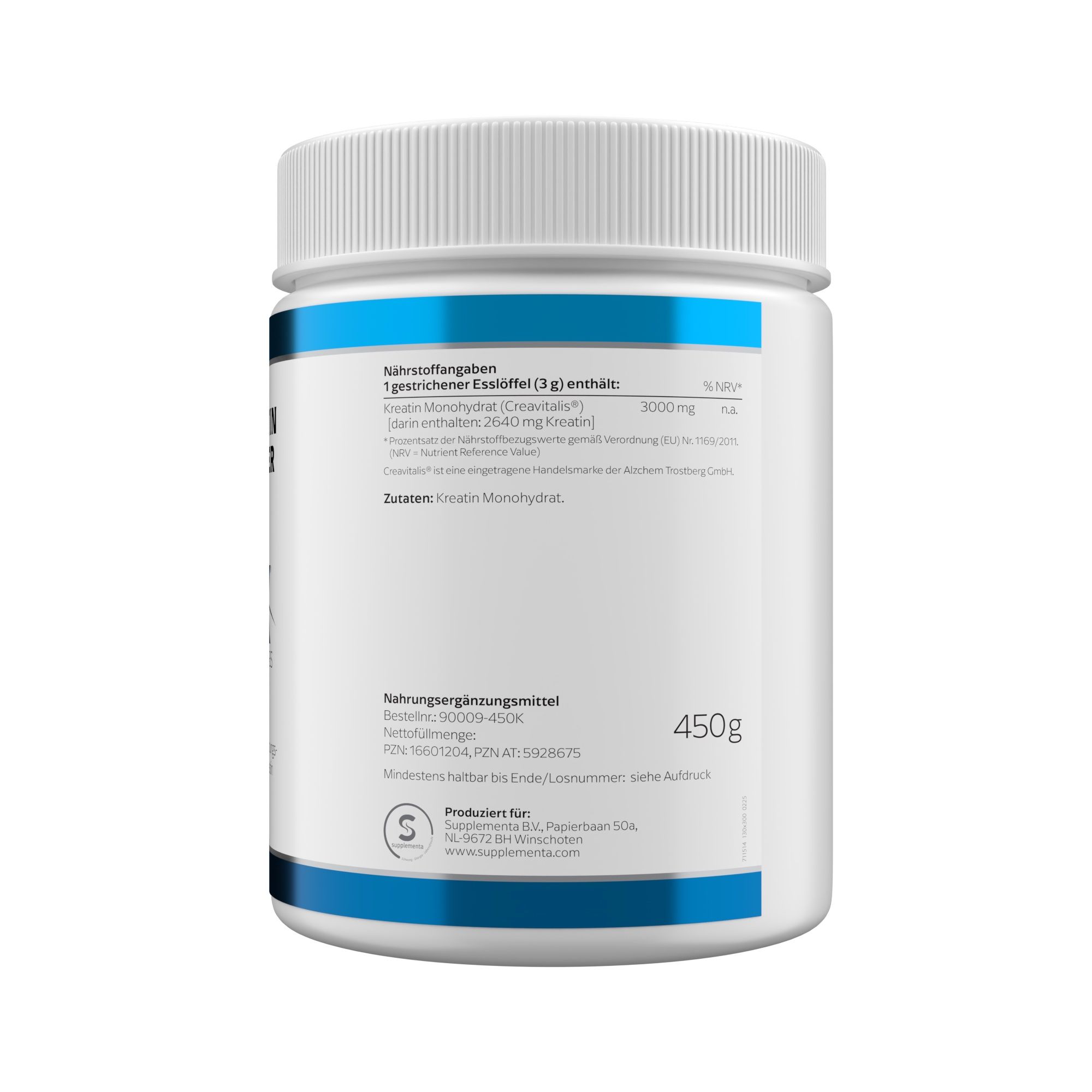 Rückseite des weißen Supplement-Behälters. Enthält Nährwertangaben und Inhaltsstoffe. Aufschrift: 450g.