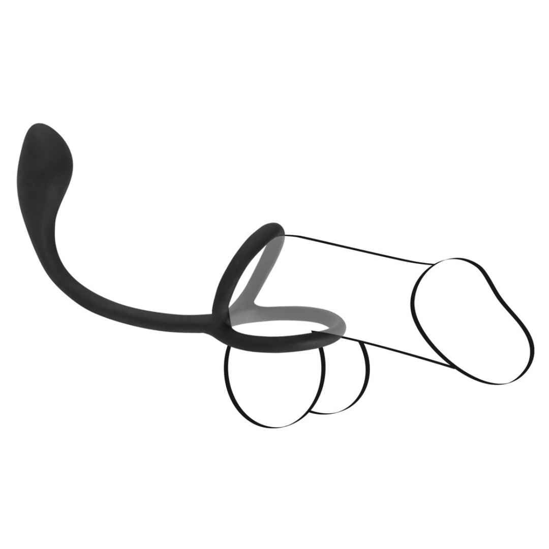 Schwarzer Penis-/Hodenring mit Analplug, schematisch dargestellt. Ringteil, gebogener Stab, tropfenförmiges Ende. Transparenter Penis.