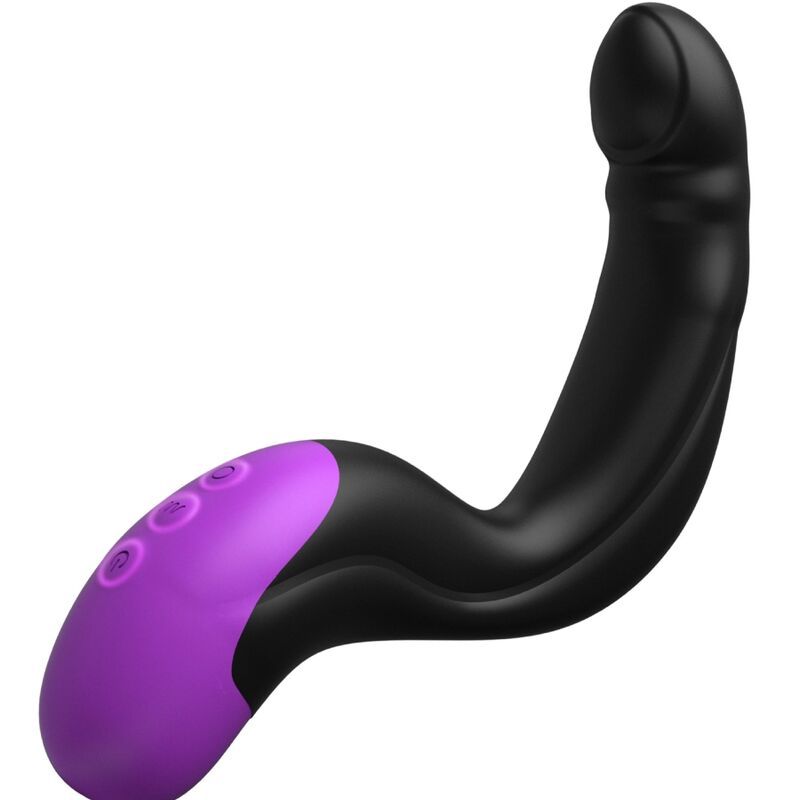 Schwarzer Vibrator mit lila Akzent und Bedienelementen.