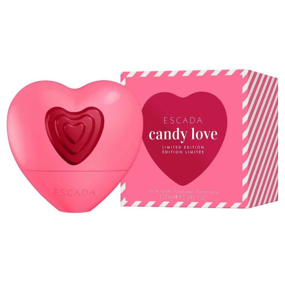 Rosa Herzflakon mit rotem Herzmuster. Daneben eine rosa Schachtel mit dem Schriftzug "Escada Candy Love".