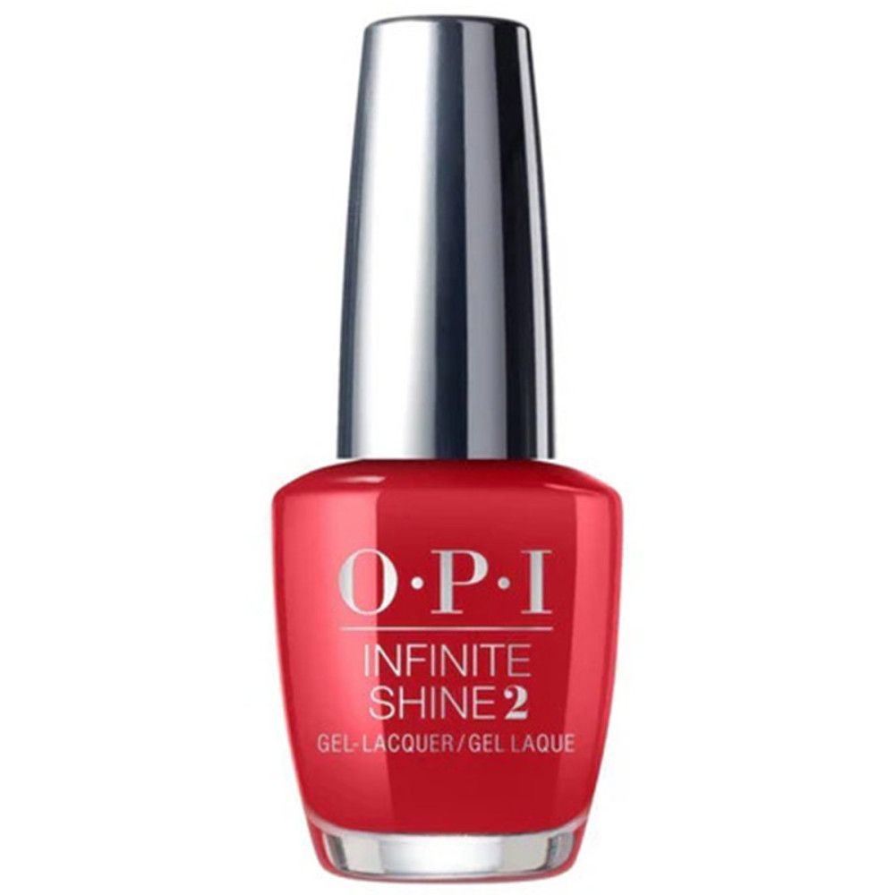 Roter Nagellackflakon mit silbernem Deckel. OPI Infinite Shine 2-Etikett.