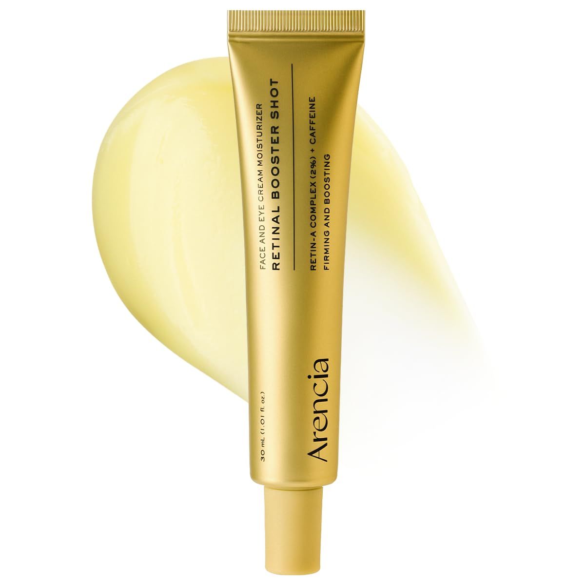 Goldfarbene Tube mit Serum. Aufschrift: Retinal Booster Shot. Text: 30 ml. Marke: Arencia.