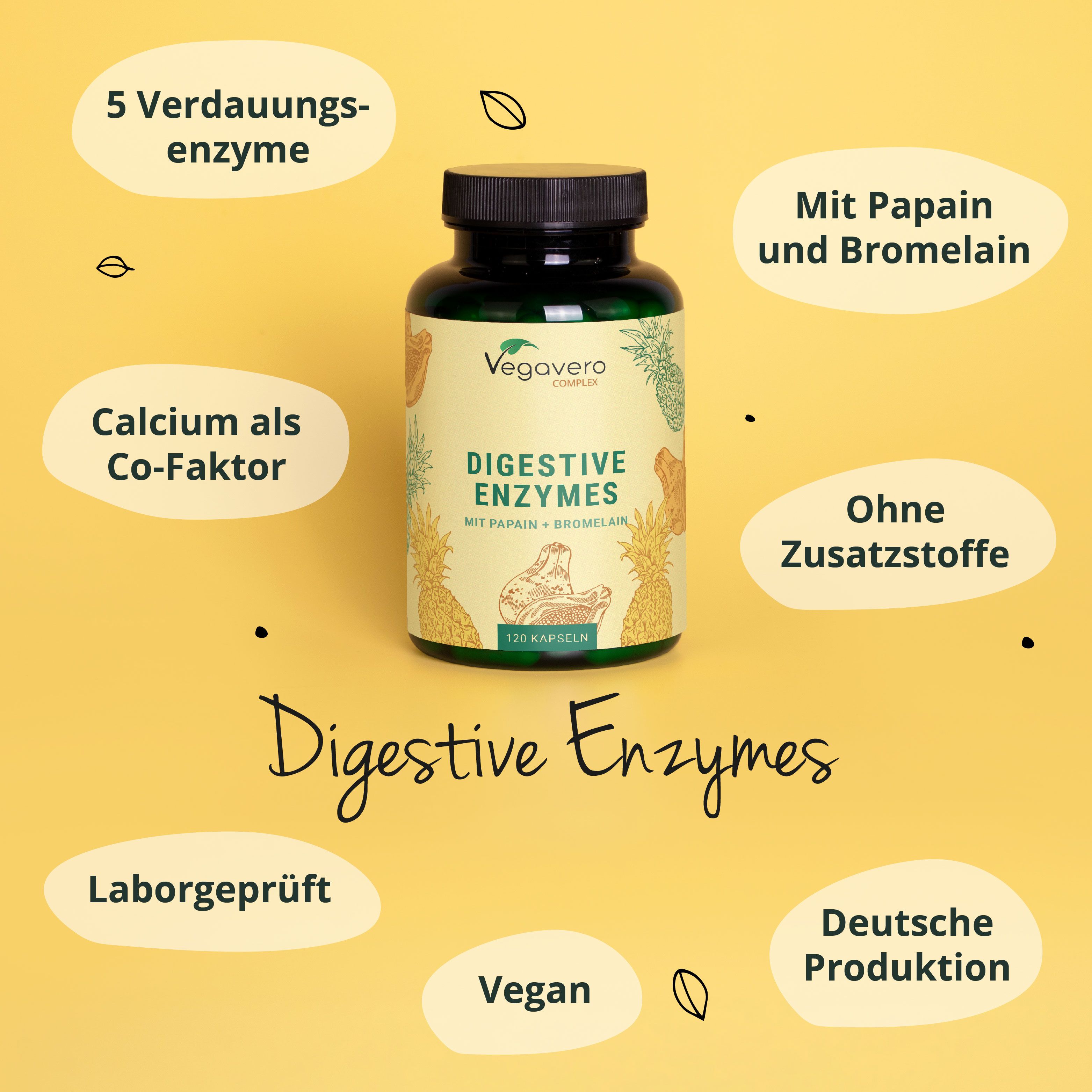 Flasche mit Digestive Enzymes. Aufschrift: Mit Papain und Bromelain. Vegan. Deutsche Produktion. Zusätzliche Informationen.