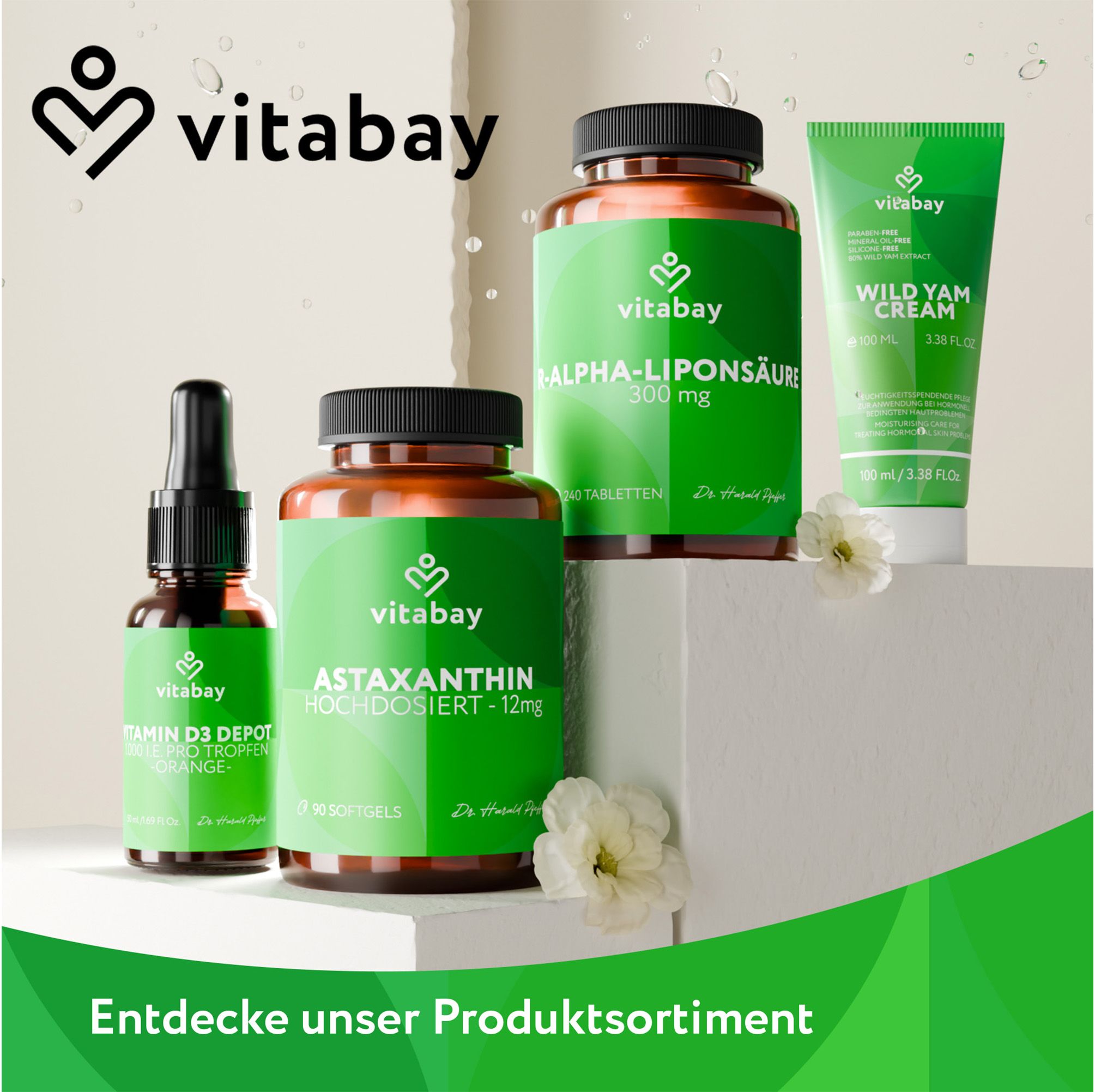 Verschiedene Vitabay Produkte. Tropfen, Kapseln, Creme. Vitabay Logo. Text: Entdecke unser Produktsortiment.