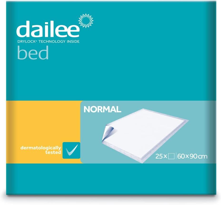 Verpackung der Dailee Bed Inkontinenz-Bettunterlage. Türkis, gelb und weiß. Mit Produktname, Logo, und Größenangabe 60x90cm.