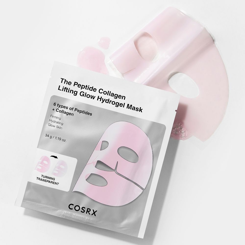Peptide Collagen Lifting Glow Hydrogel Mask aus der Verpackung genommen.