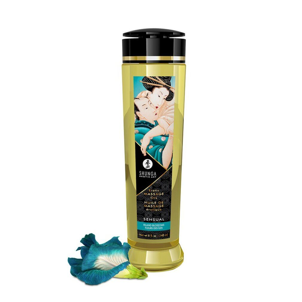 Massageöl-Flasche mit Etikett, das ein Paar zeigt. Sensual-Produkt mit blauer Blüte.