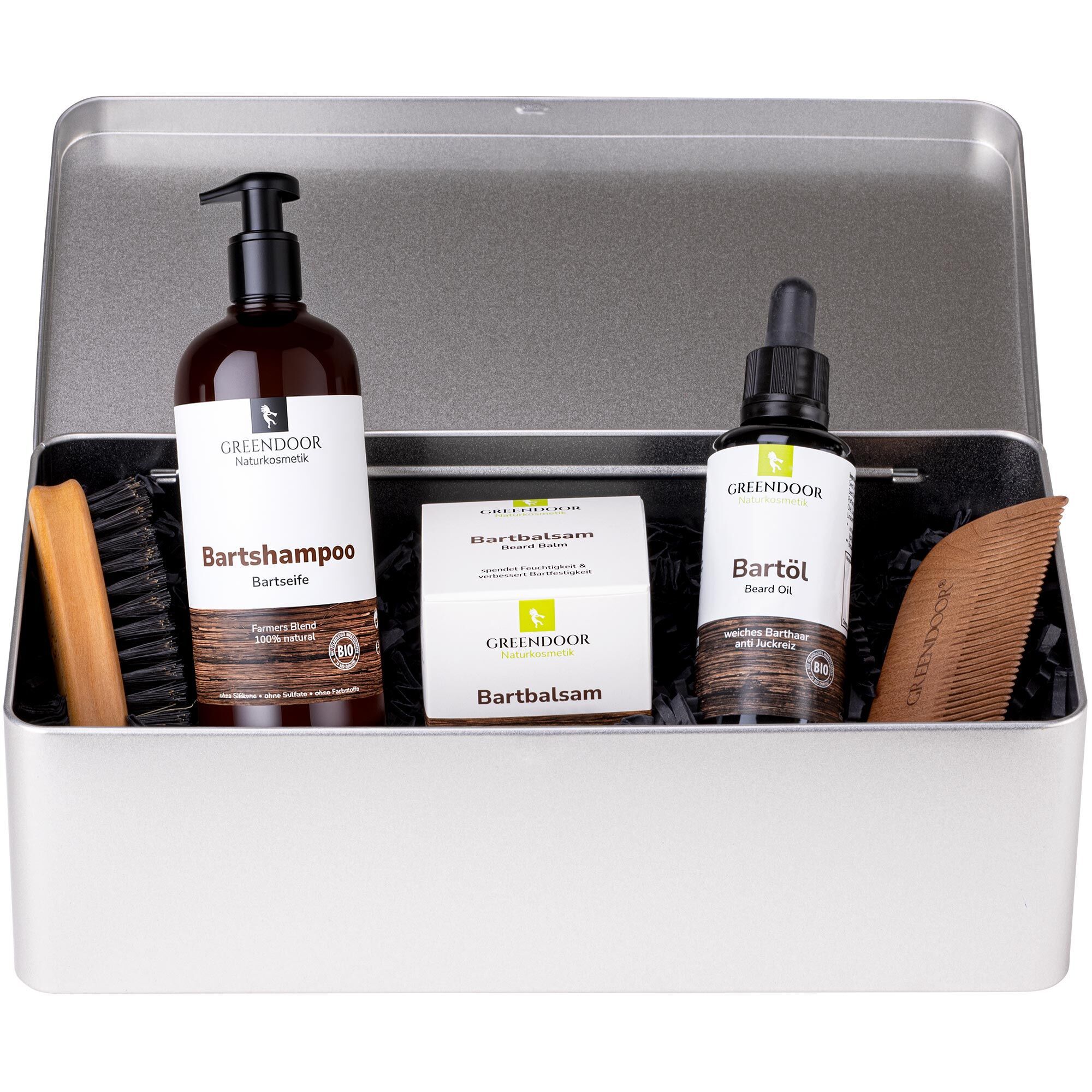 Geschenkset mit Bartpflegeprodukten in einer silbernen Metallbox. Enthält Bartshampoo, Bartöl, Bartbalsam, Bartbürste und Kamm.