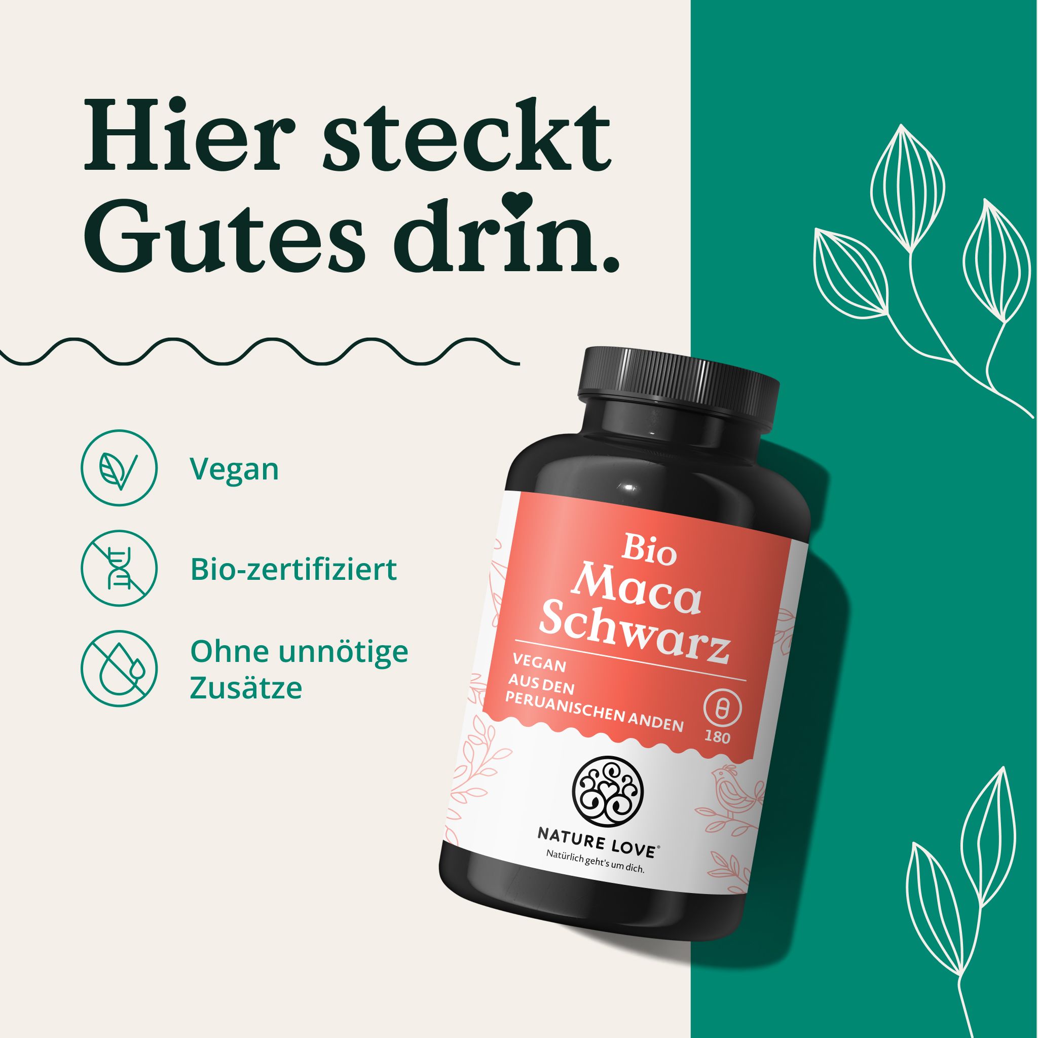 NATURE LOVE® Bio Maca Kapseln (schwarz) - 3000 mg je Tagesdosis - 180 Kapseln