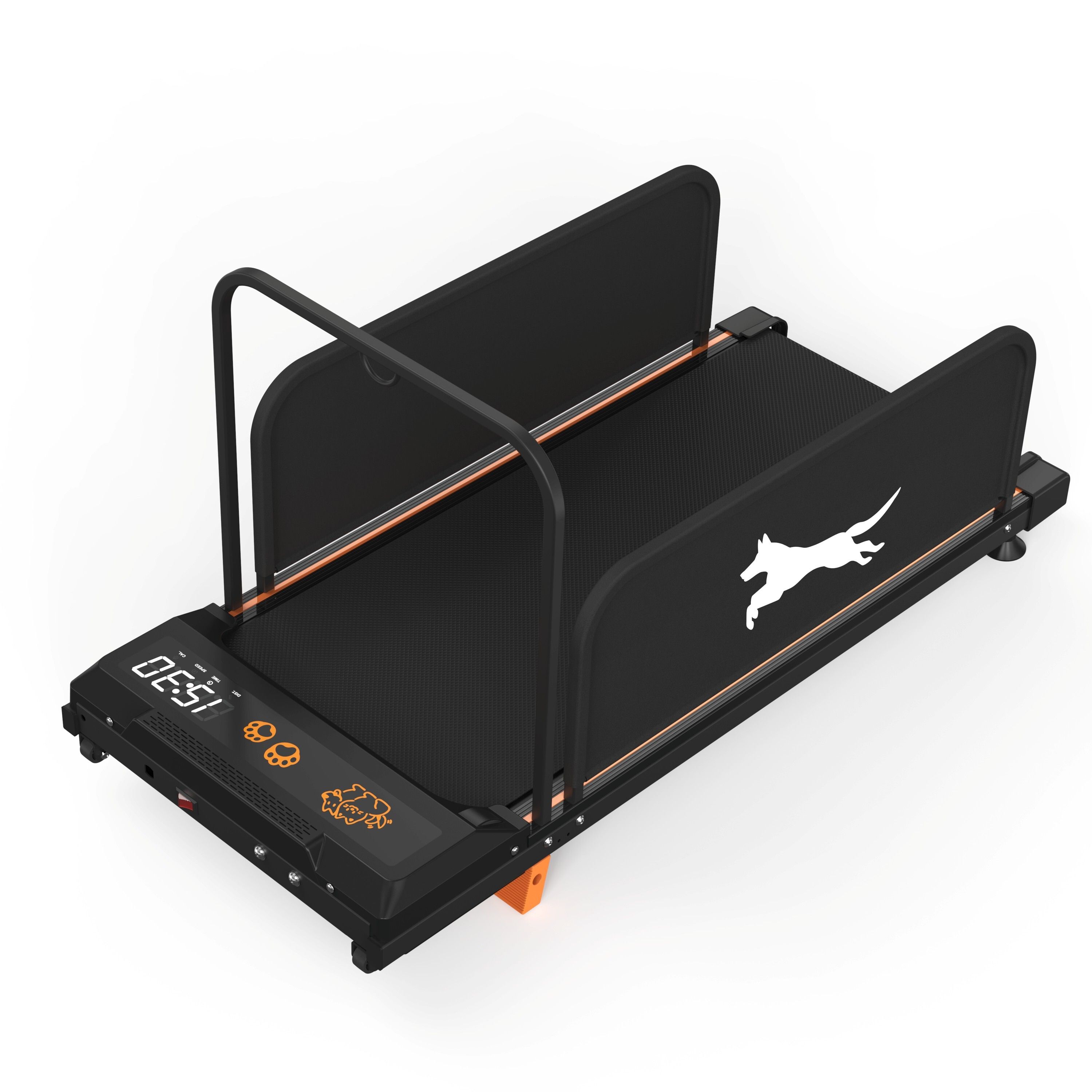 Schwarzes Laufband für Hunde mit seitlichen Schutzwänden und Haltegriff. Digitalanzeige mit orangefarbenen Akzenten.