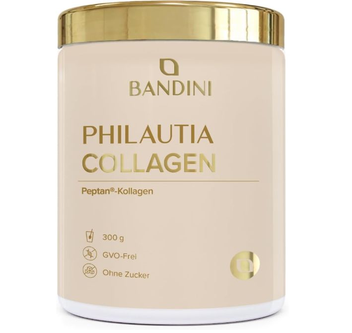Ein Becher 'BANDINI PHILAUTIA COLLAGEN' mit Informationen wie 300g, GVO-frei und ohne Zucker.