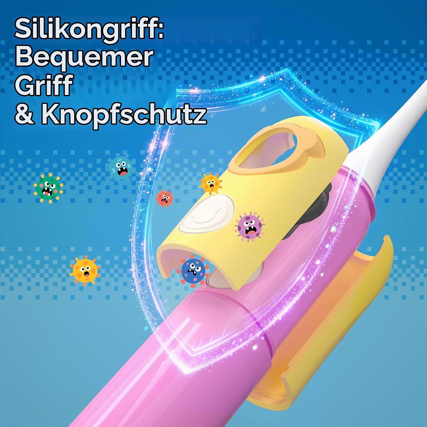 Gelbe und pinke Kinder-Elektrozahnbürste mit Display und 8 Aufsteckbürsten.