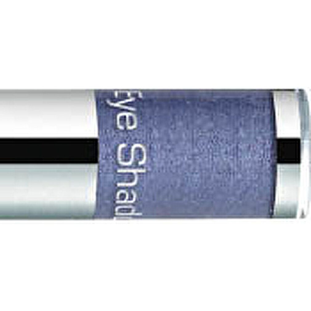 Nahaufnahme eines silbernen Behälters mit blauem Lidschatten. Aufschrift "Eye Shad".