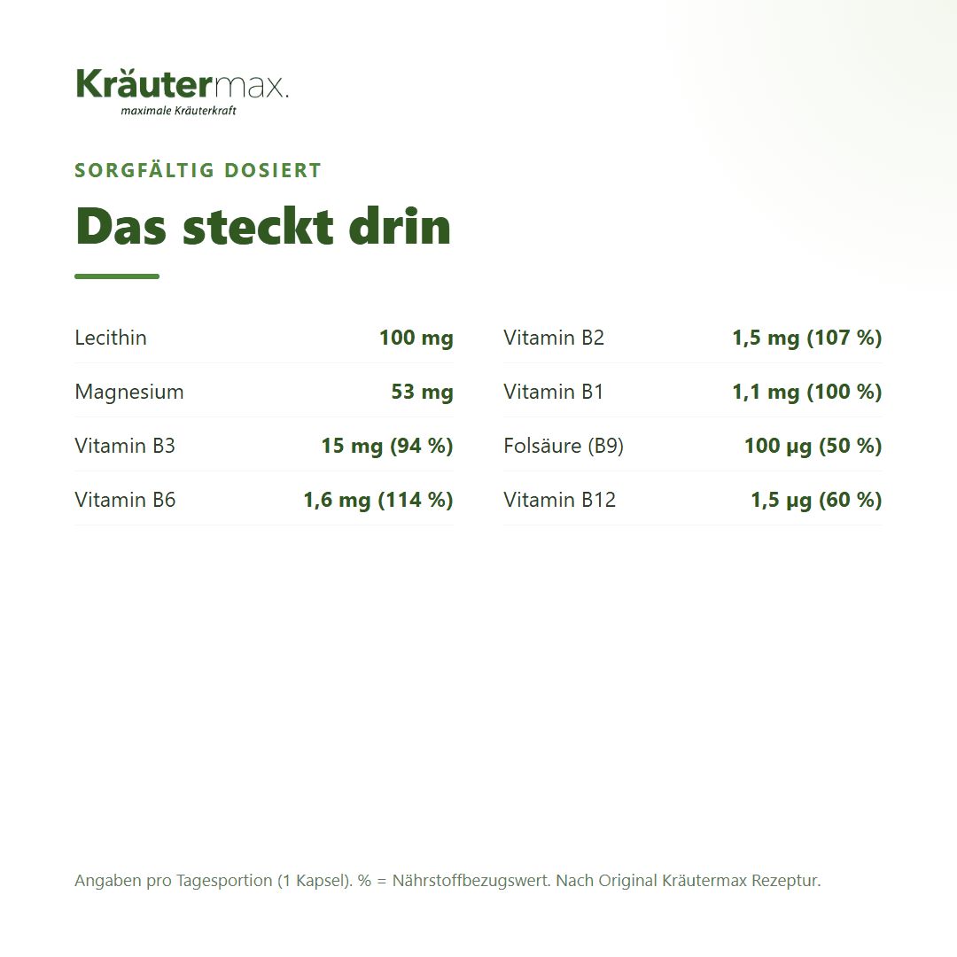 Auflistung der Inhaltsstoffe von Kräutermax Vitamin B plus: Lecithin, Magnesium, B-Vitamine, Folsäure.