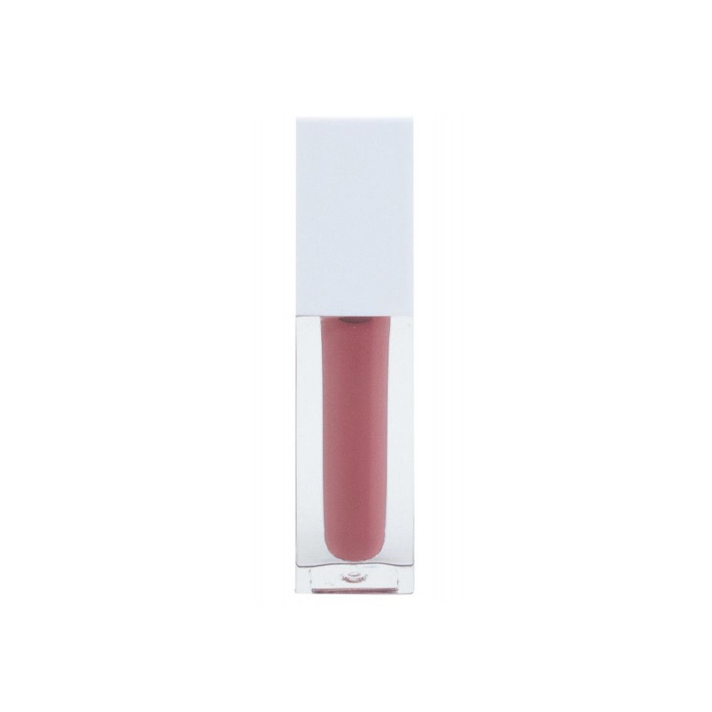 Lipgloss-Fläschchen, rosa Farbton, in transparentem Gehäuse mit weißem Deckel. Vertikale Ansicht.