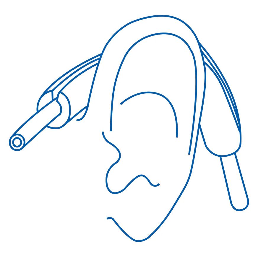 Schematische Darstellung eines Ohrs mit Sauerstoffbrille. Blaue Linien.