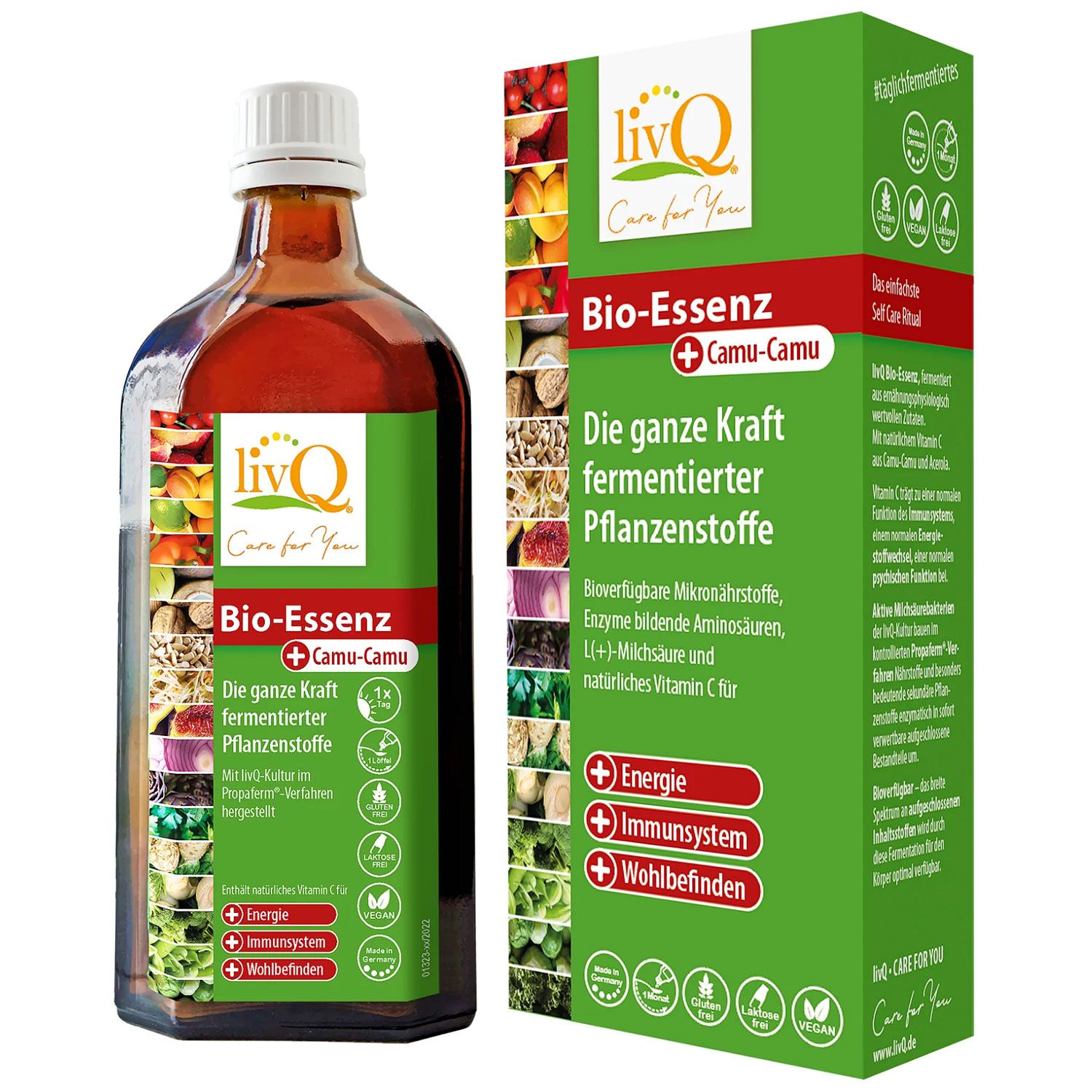 Braune Glasflasche und grüne Verpackung. Aufschrift: Bio-Essenz mit Camu Camu. Enthält fermentierte Pflanzenstoffe. Grün-weiße Logos.