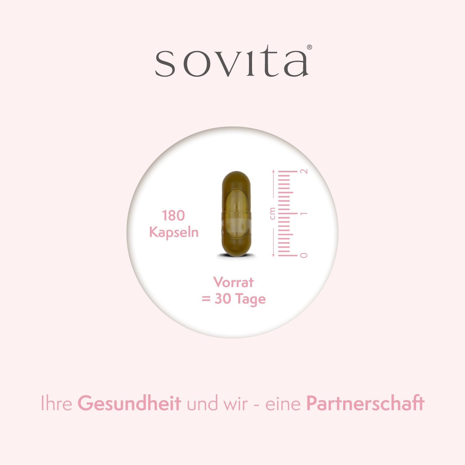 Einzelne Kapsel mit Maßstab. Aufschrift: 180 Kapseln, Vorrat = 30 Tage. Marke: sovita. Text: Ihre Gesundheit und wir - eine Partnerschaft.