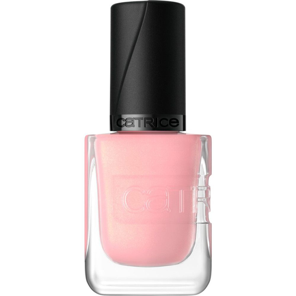 Nagellackflasche mit rosa Inhalt. Schwarzer Deckel. Marke Catrice.