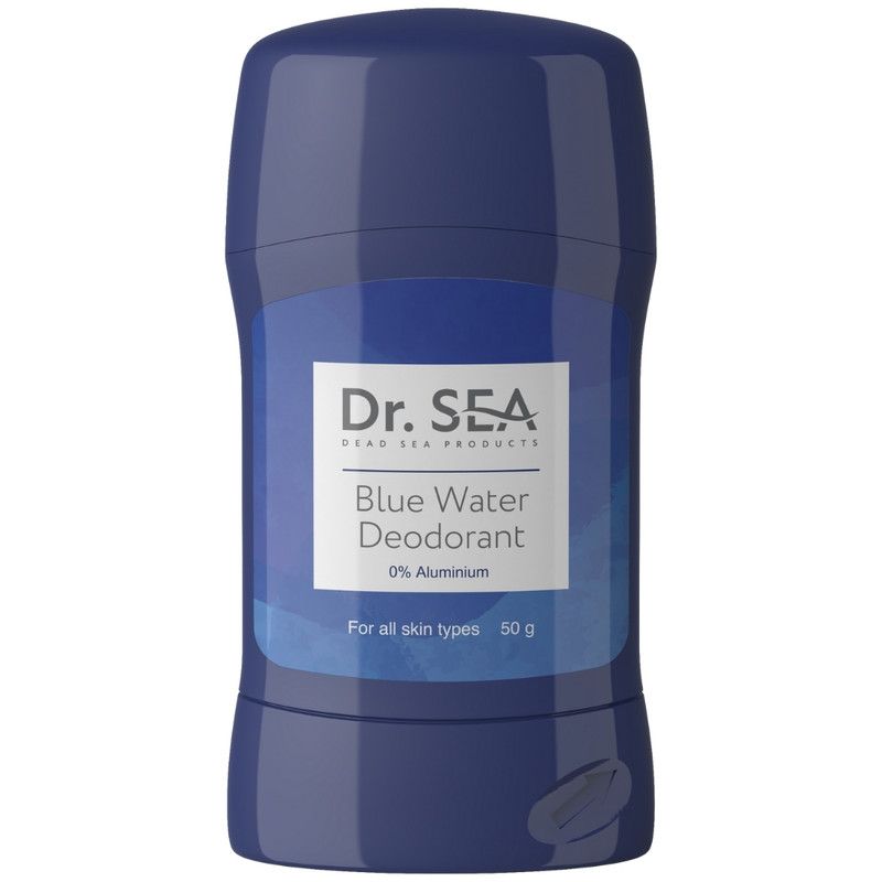 Blauer Deostift. Aufschrift: Dr. SEA, Blue Water Deodorant, 0% Aluminium. Für alle Hauttypen, 50 g.