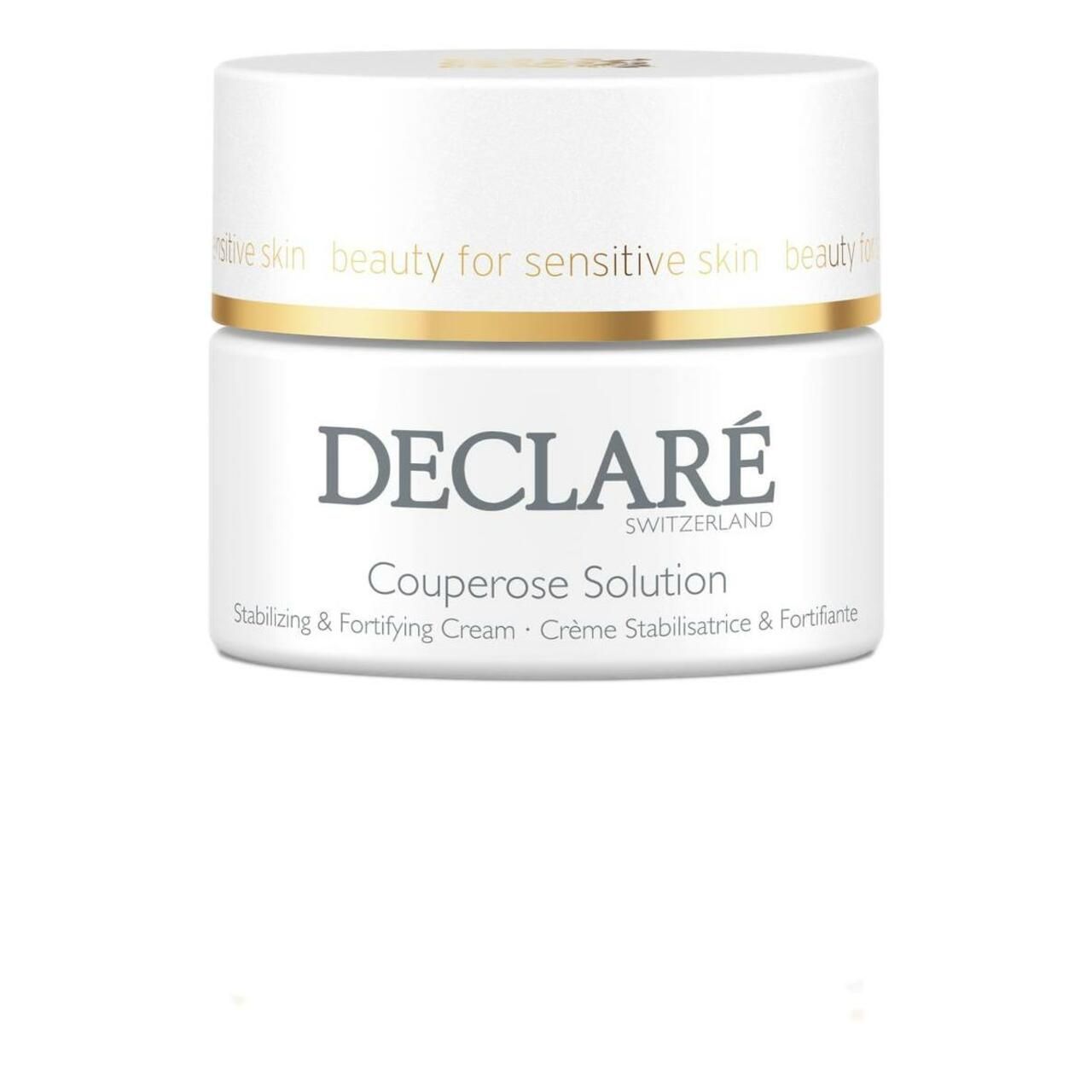 Weißer Tiegel mit goldfarbenem Deckel. DECLARÉ Couperose Solution-Aufschrift. Text: Stabilisierend & Stärkende Creme.