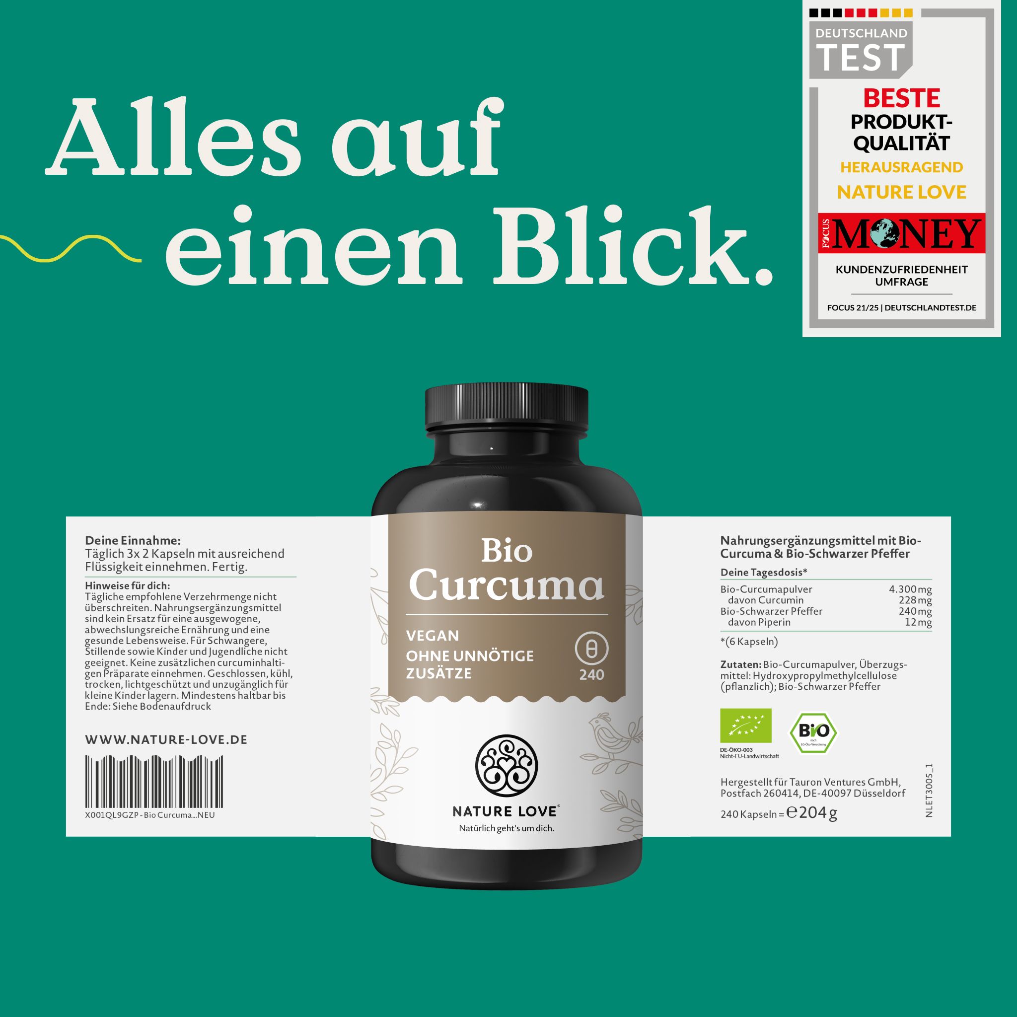 NATURE LOVE Bio Curcuma: Flasche mit 240 Kapseln. Vegan, ohne unnötige Zusätze.
