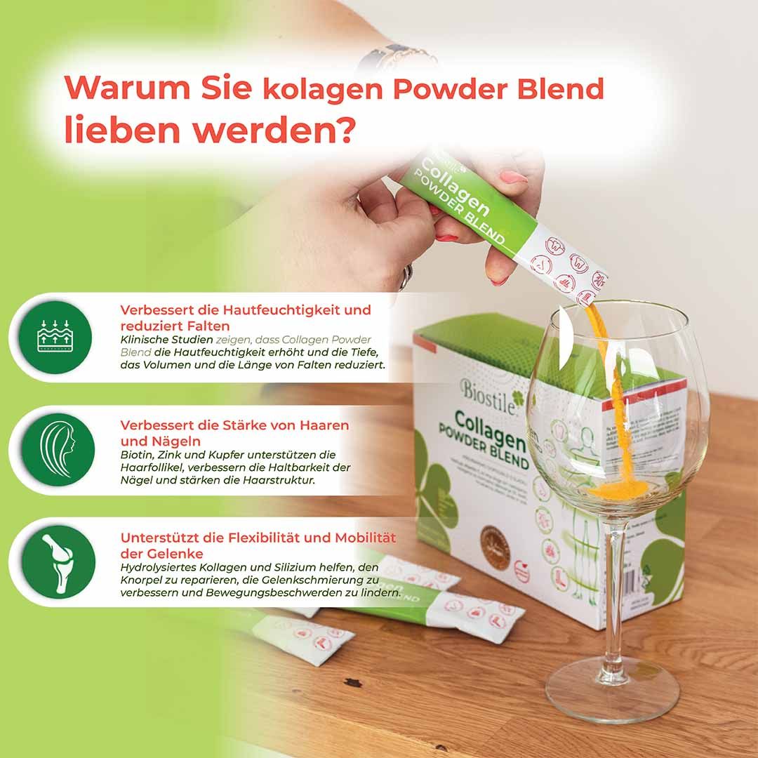 Biostile Collagen Powder Blend wird in ein Weinglas gegossen.