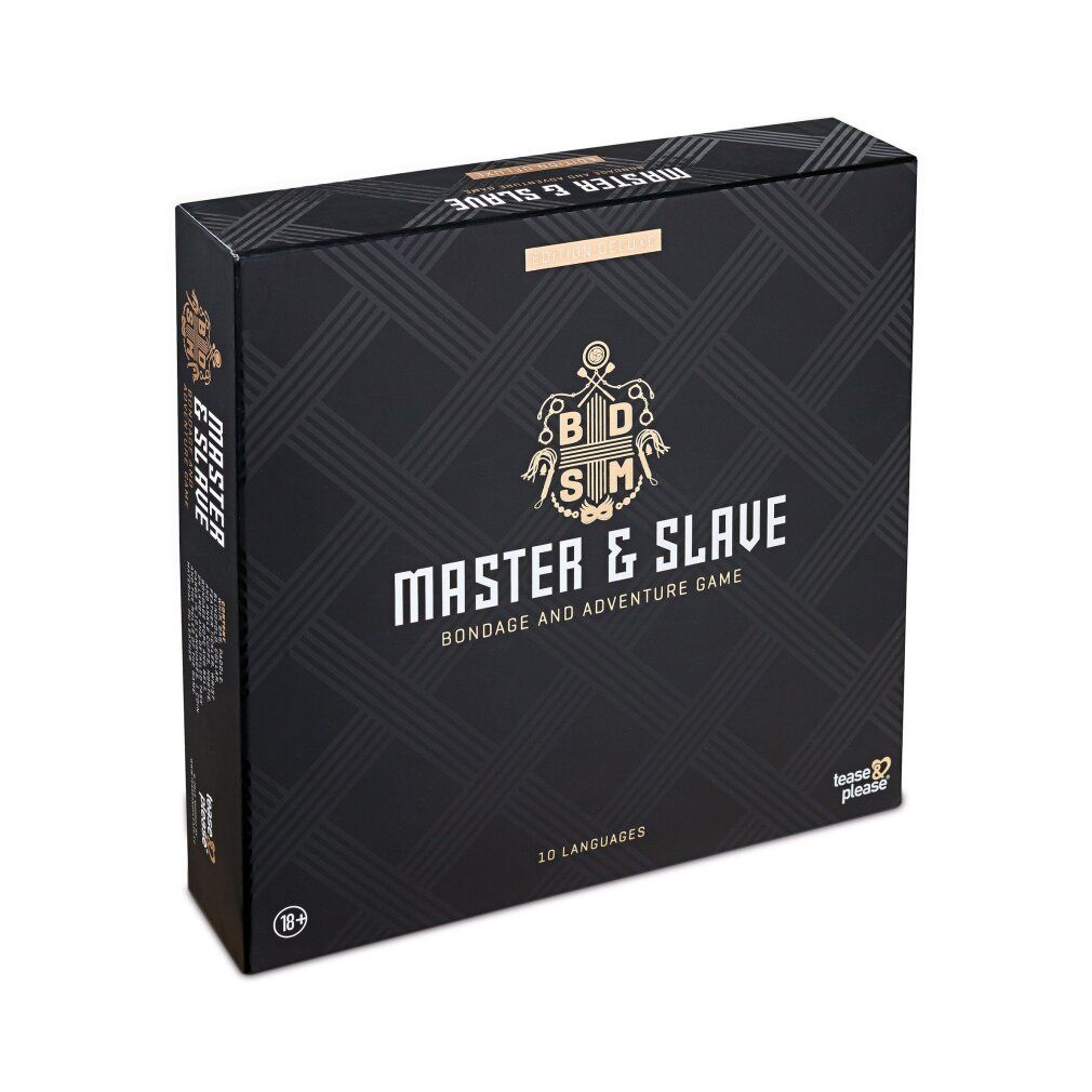 Schwarze Box mit goldfarbenem Schriftzug "MASTER & SLAVE". Enthält 10 Sprachen. Marke: Tease&please.