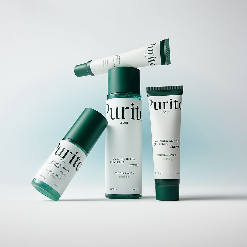 Mehrere Hautpflegeprodukte von Purito, darunter Toner, Serum und Cremes.