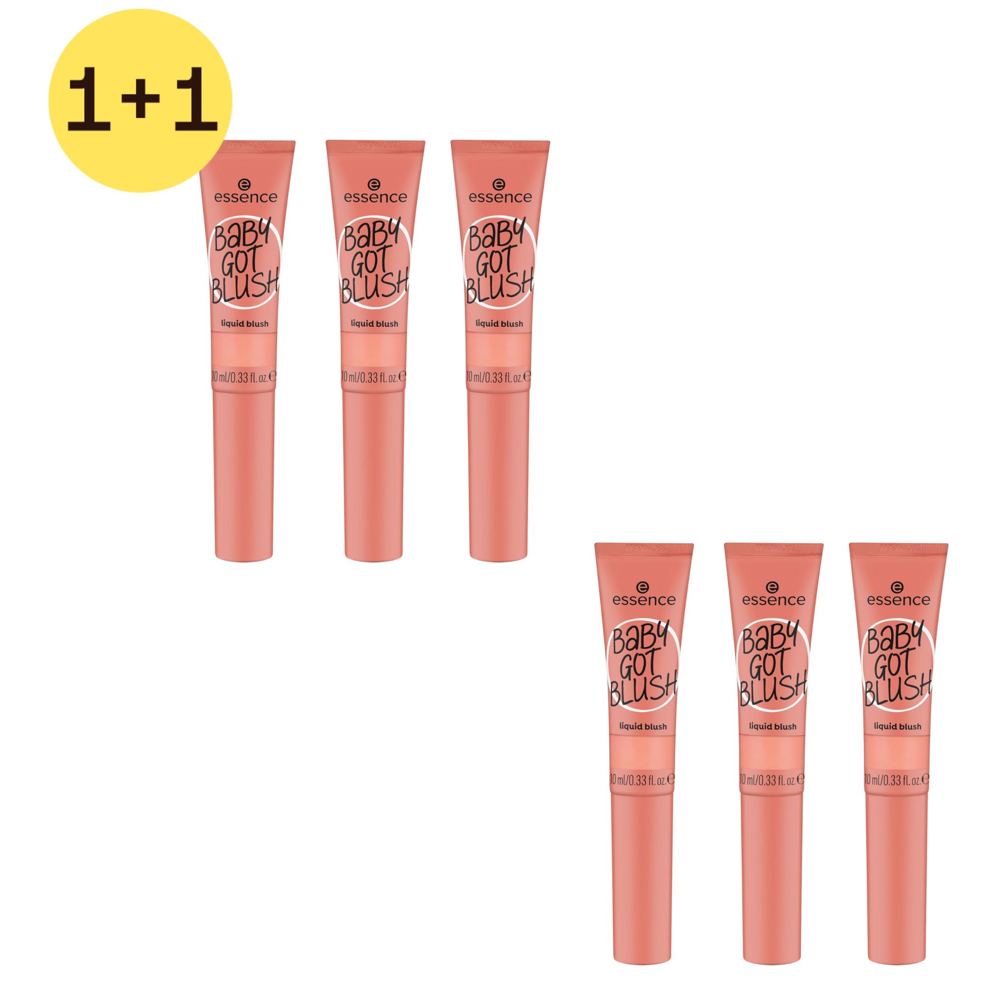 Mehrere rosa Tubes mit weißem Applikator. Aufschrift: Essence BABY GOT BLUSH liquid blush. Gelber Aufkleber: 1+1.