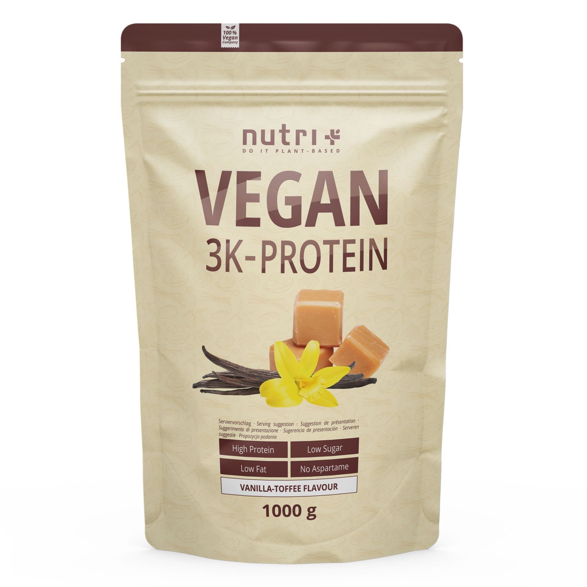 Vorderseite einer Packung nutri+ Veganes Proteinpulver 3k, Vanille-Toffee-Geschmack, 1000g.