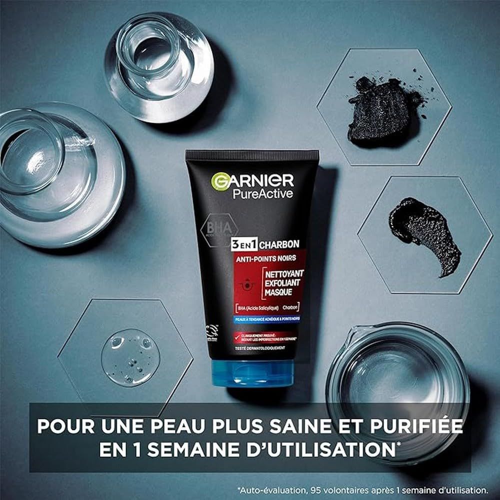Garnier PureActive 3 in 1 Charbon. Schwarze Tube. Text: Reiniger, Peeling, Maske. Für reinere Haut in 1 Woche.