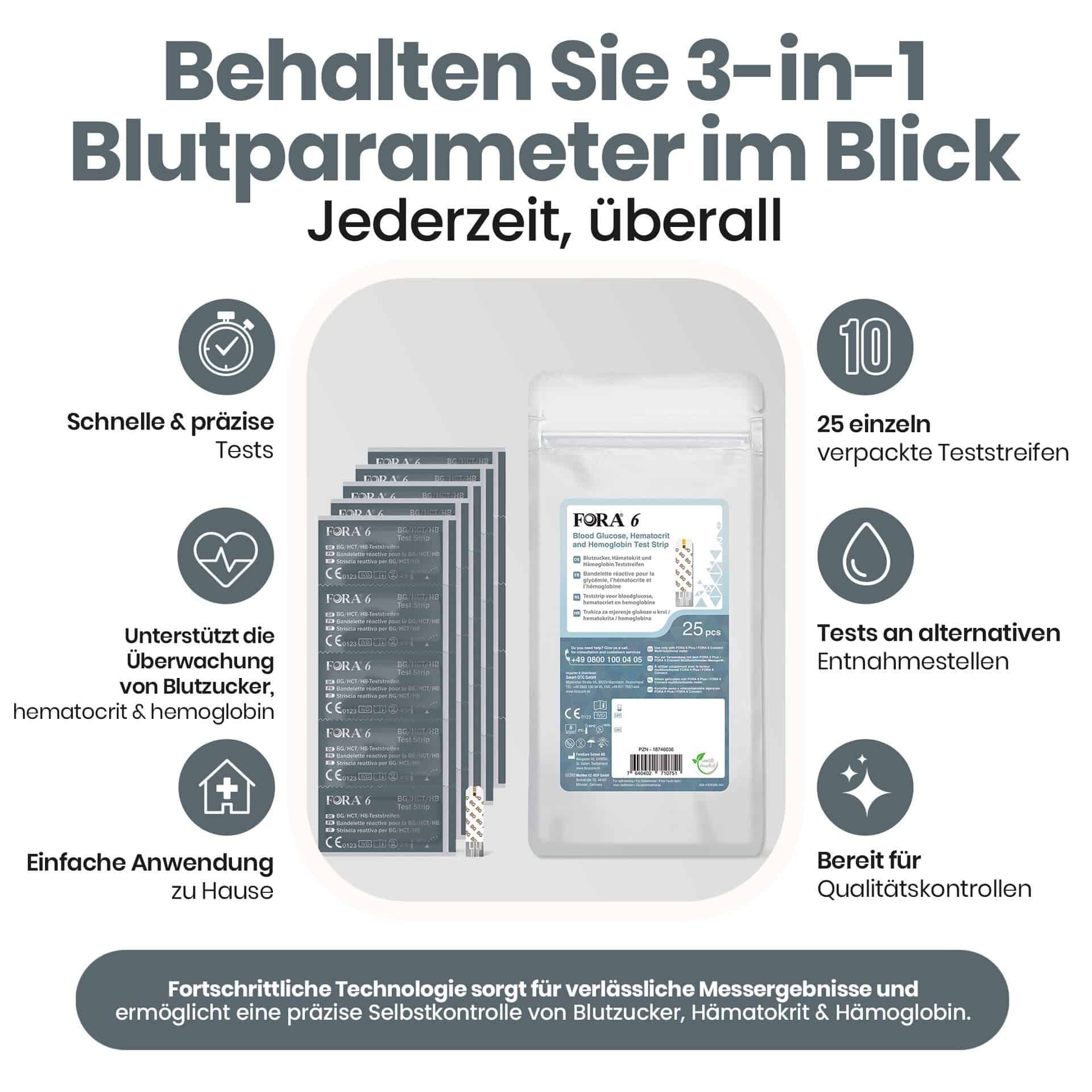FORA 6 Teststreifen: 25 einzeln verpackte Streifen zur Überwachung von Blutzucker, Hämatokrit und Hämoglobin. CE-zertifiziert.