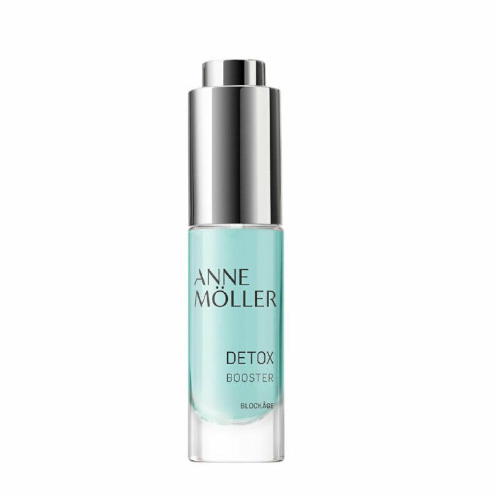 Flakon mit silbernem Verschluss. Aufschrift: Anne Möller Detox Booster. Transparente Flüssigkeit.