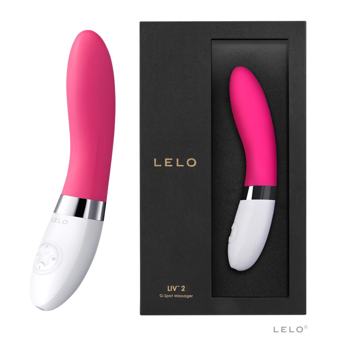 Rosa-weißer Vibrator in einer schwarzen Schachtel. Auf der Schachtel steht der Markenname LELO und der Produktname.