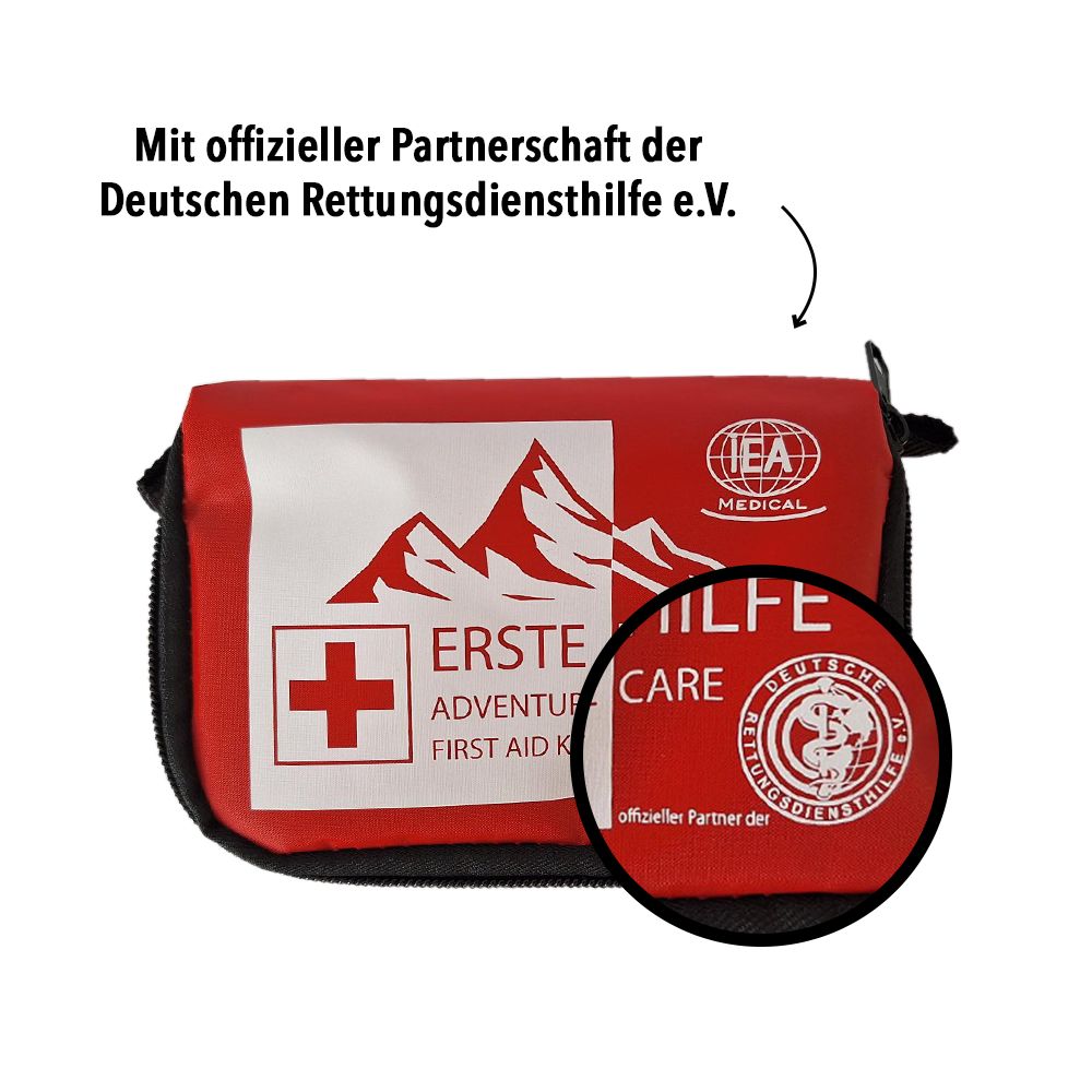 Rote Erste-Hilfe-Tasche mit Logo der Deutschen Rettungsdiensthilfe e.V.