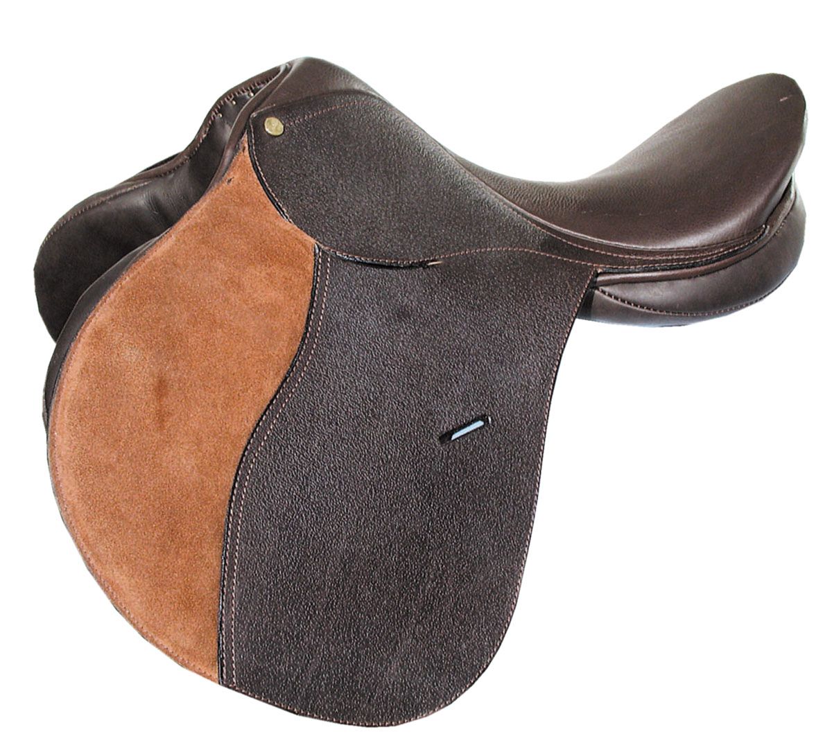 Brauner Sattel mit beigem Einsatz. Lederoptik, Steppnähte. Ansicht von oben.