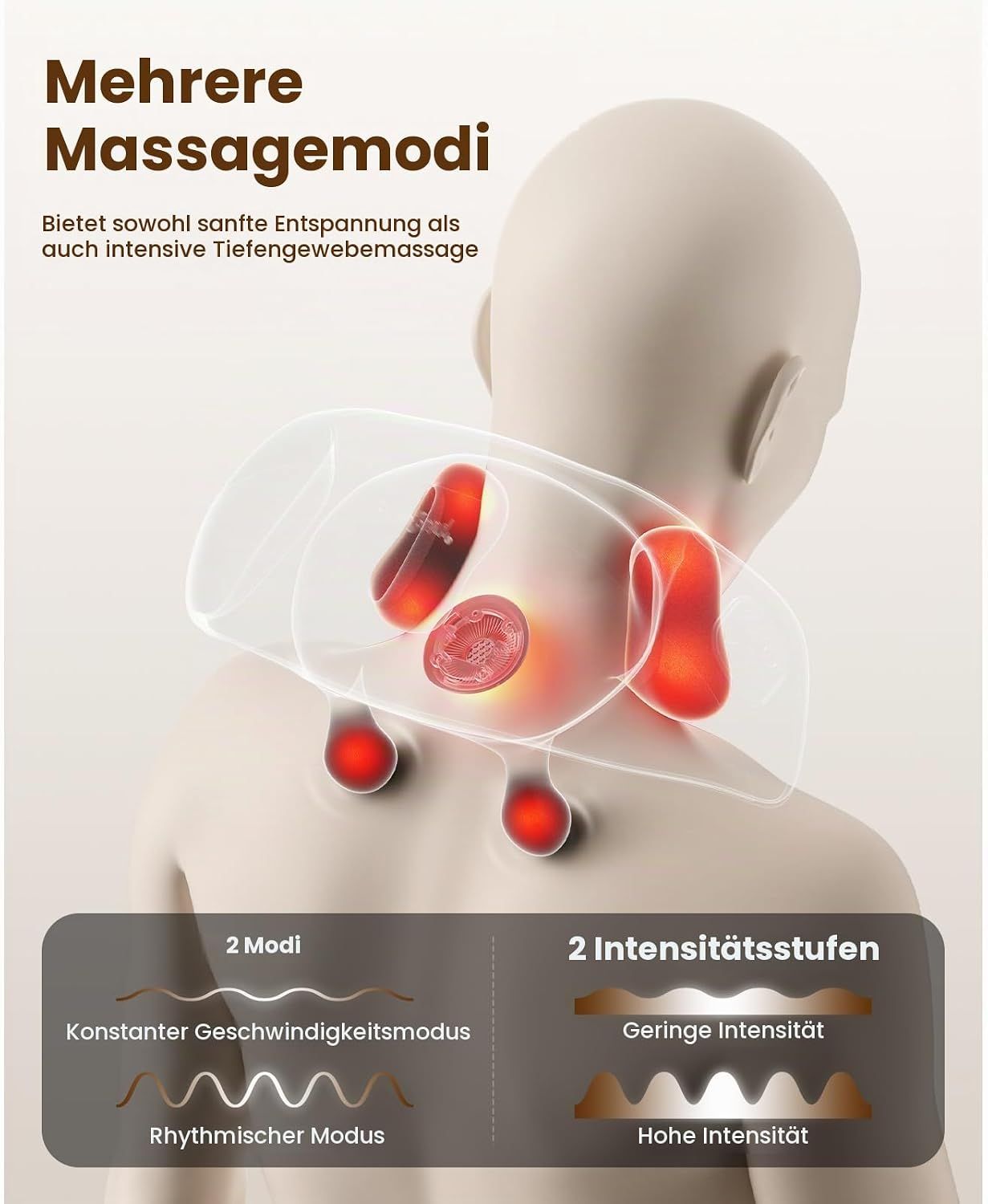 Massagegerät mit Darstellung von Knieknochen und Wärme-/Vibrationssymbolen. Marke: COMFIER.