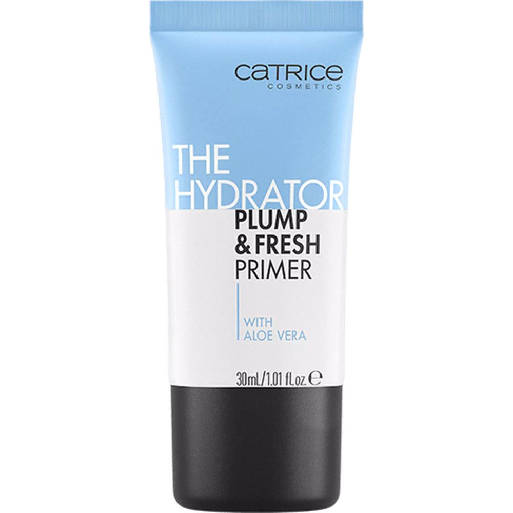 Tube mit Primer. Hellblauer Deckel, weißer Körper, schwarzer Boden. Schriftzug: Catrice, The Hydrator, Plump & Fresh Primer, Aloe Vera.
