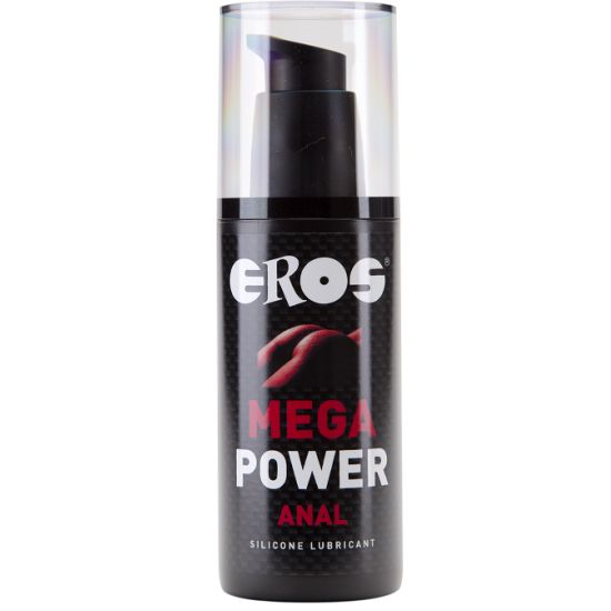 Schwarze Flasche mit Pumpe. Aufschrift: EROS MEGA POWER ANAL SILICONE LUBRICANT. Transparentes Etikett.