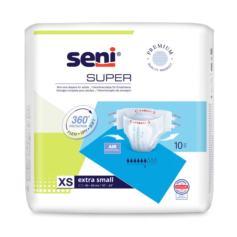 Verpackung mit Seni Super XS Windeln. Aufschrift: Extra Small, 10 Stück. Produktabbildung mit Eigenschaften: 360° Schutz, flexibel, trocken, weich, atmungsaktiv.