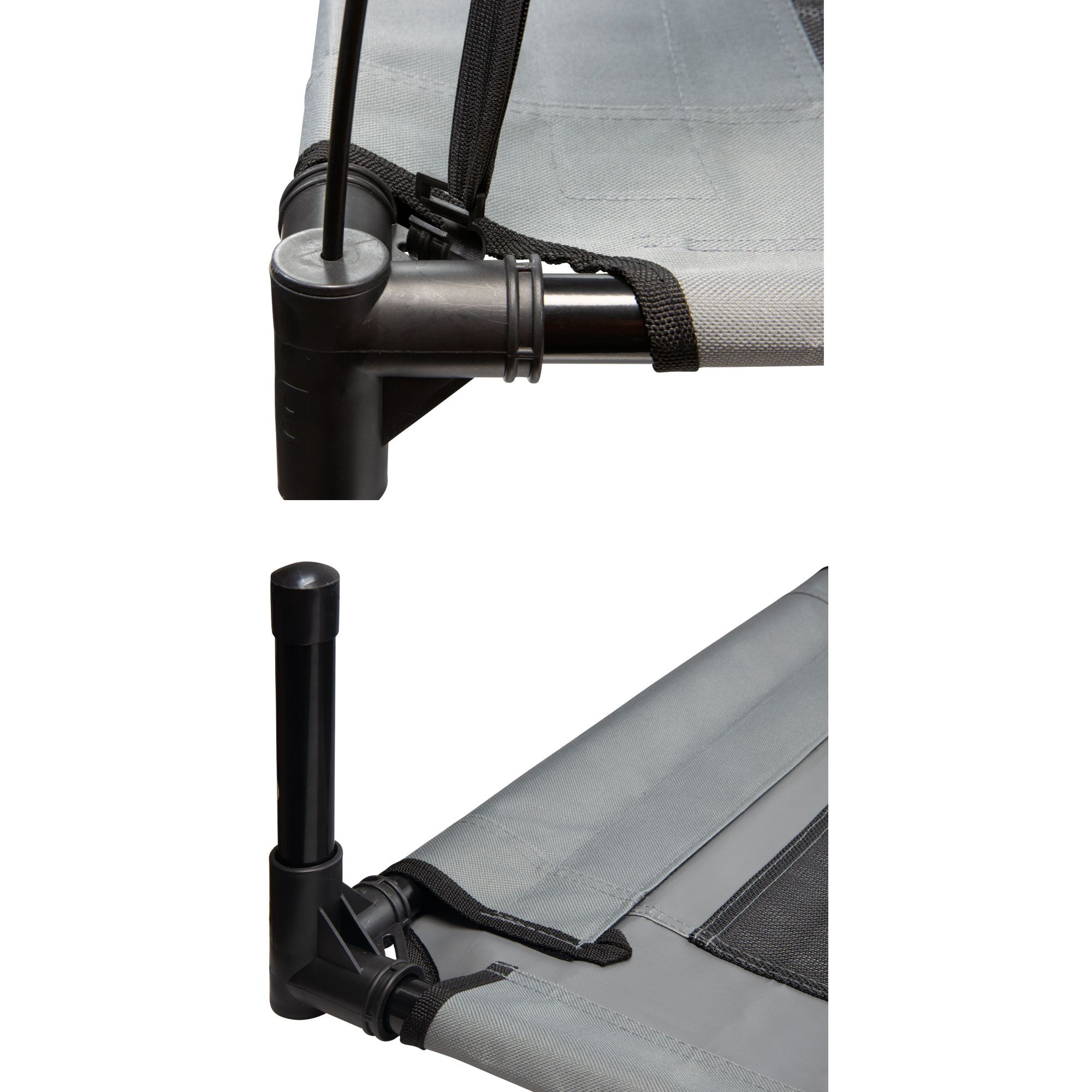 Detailansichten der Hunde Gartenliege. Schwarze Verbindungen und Beine. Graues Stoffmaterial.