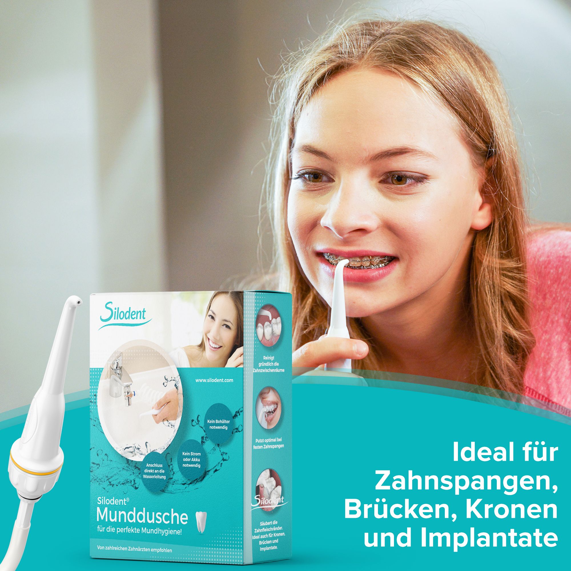 Mädchen benutzt Munddusche. Produktverpackung mit Munddusche und Text: Ideal für Zahnspangen, Brücken, Kronen und Implantate.
