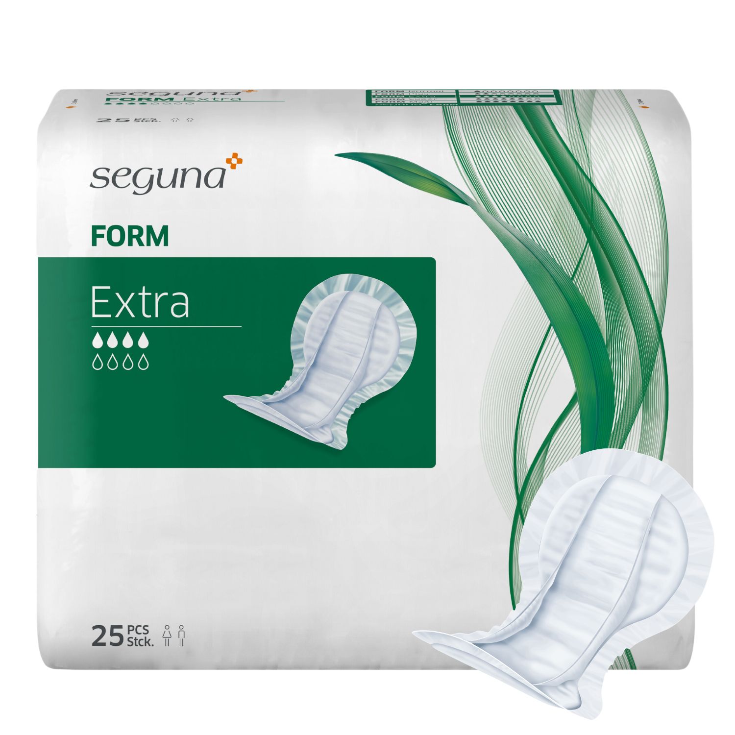 Verpackung von SEGUNA Form Extra. Weiße Verpackung mit grünem Akzent. Zeigt ein Produkt und eine Abbildung davon. 25 Stück.