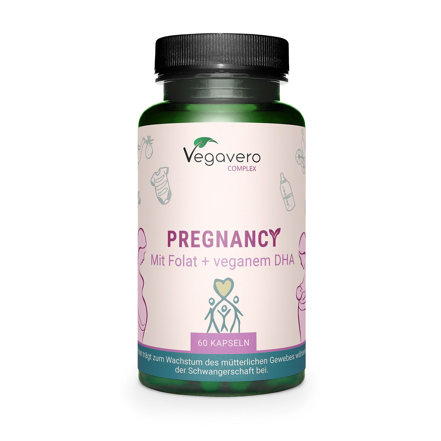 Grüne Flasche mit schwarzen Deckel. Aufschrift: Pregnancy. 60 Kapseln. Veganes DHA und Folat.