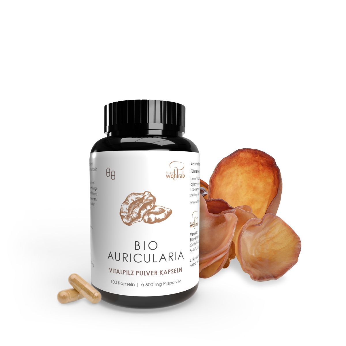Schwarze Flasche mit Kapseln und Pilzstücken. Aufschrift: BIO AURICULARIA, Vitalpilz Pulver Kapseln. 100 Kapseln, 500 mg Pulver.
