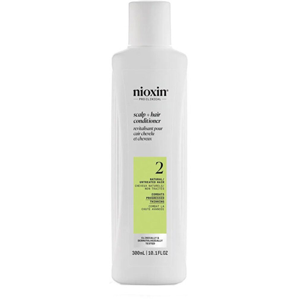 Weiße Flasche mit grünem Etikett. Aufschrift: Nioxin, Scalp & Hair Conditioner, 2. Für natürlich ausdünnendes Haar. 300ml/10.1 fl oz.