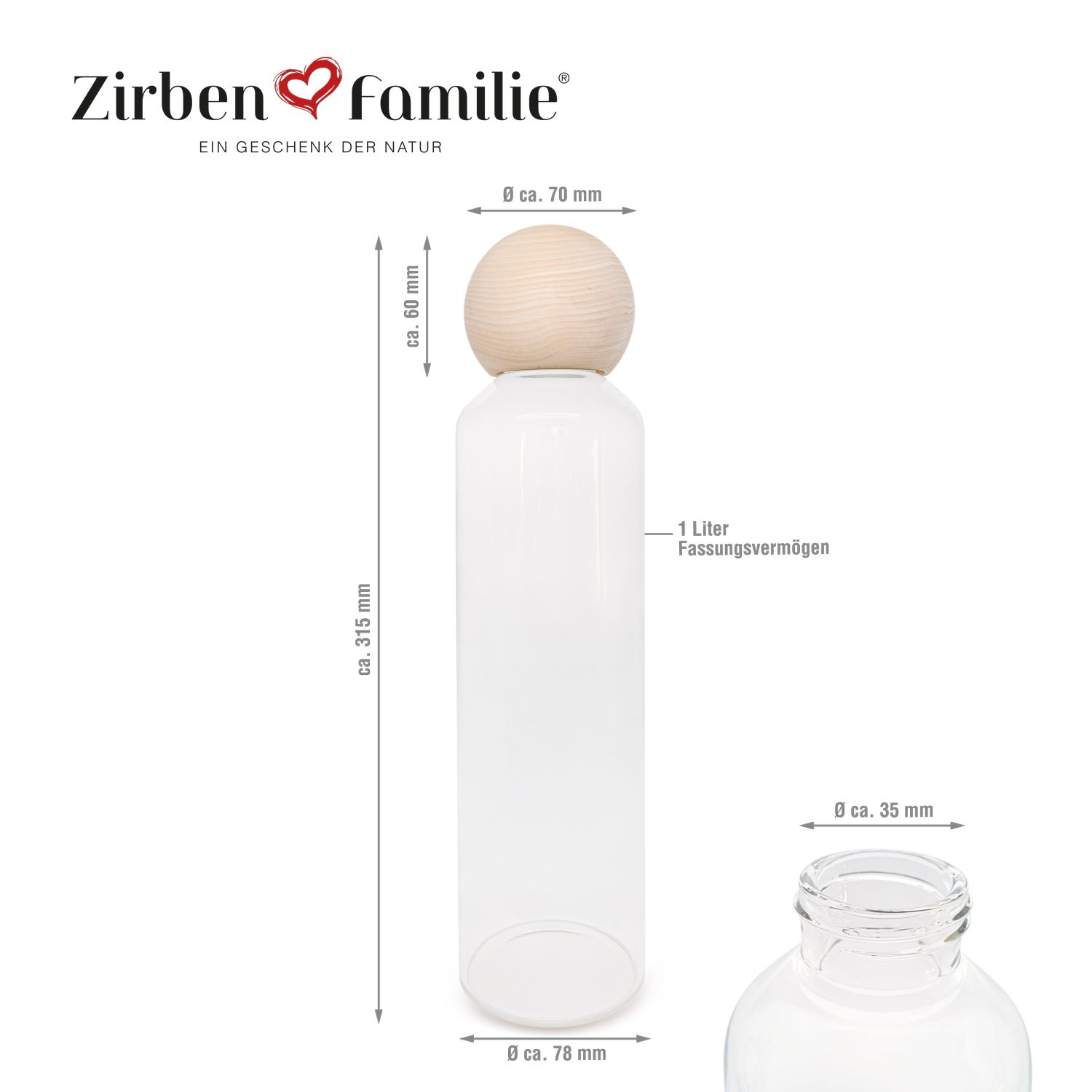Glasflasche mit Holzkugelverschluss. Maße: ca. 315 mm hoch, 70 mm Durchmesser. Fassungsvermögen: 1 Liter.